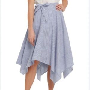 DKNY Blue White Asymmetrical Midi Dress Size 8 Linen Blend No Belt Coastal Prep